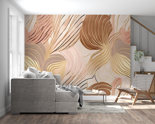 Pink and gold wave wallpaper in master bedroom, soft metallic accents catching light