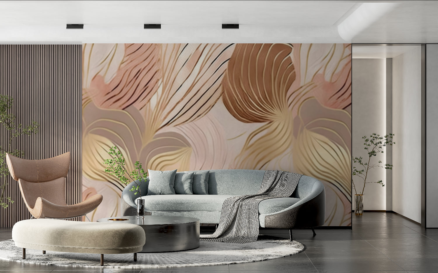 Abstract wave pattern mural in dining room, blush pink walls with golden movement