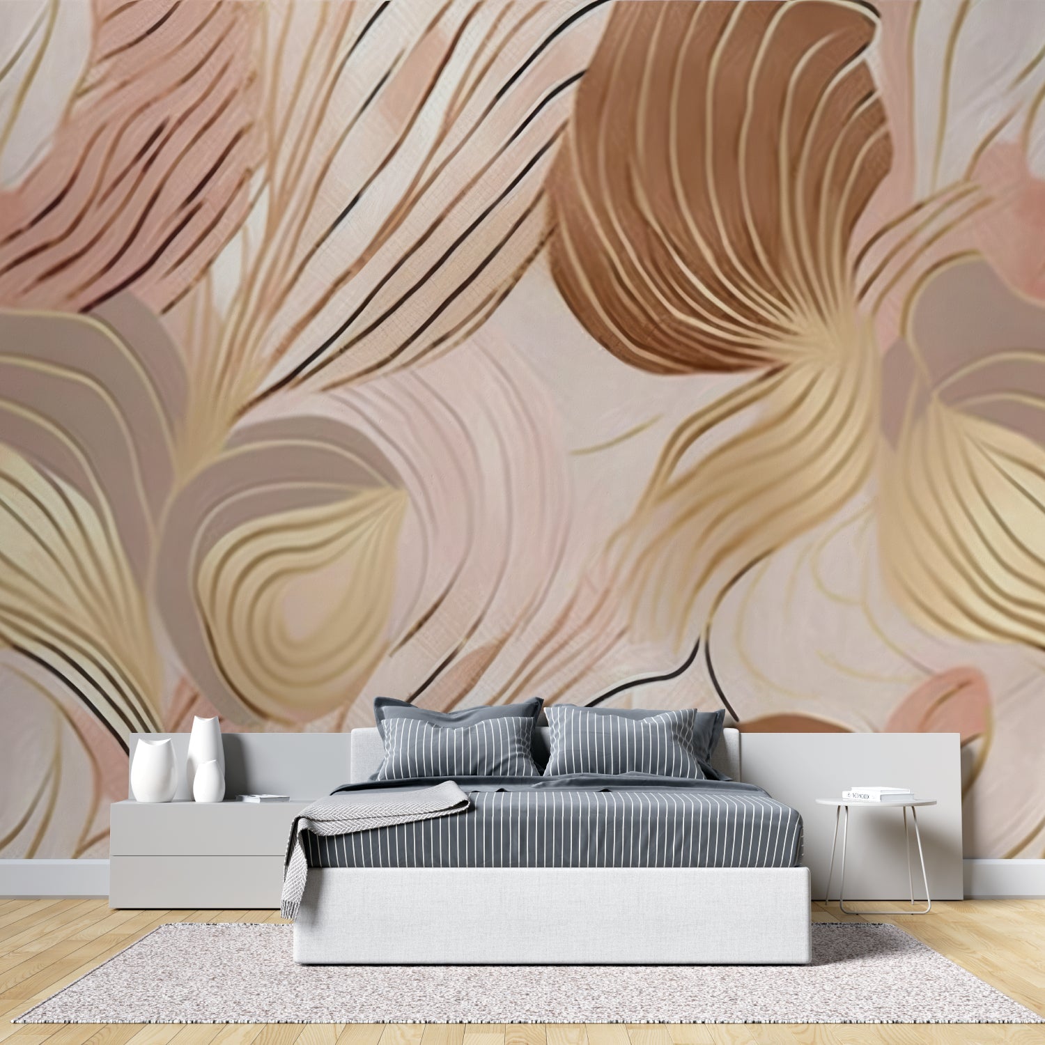 Golden wave wallpaper creating modern office accent wall, pink tones adding warmth