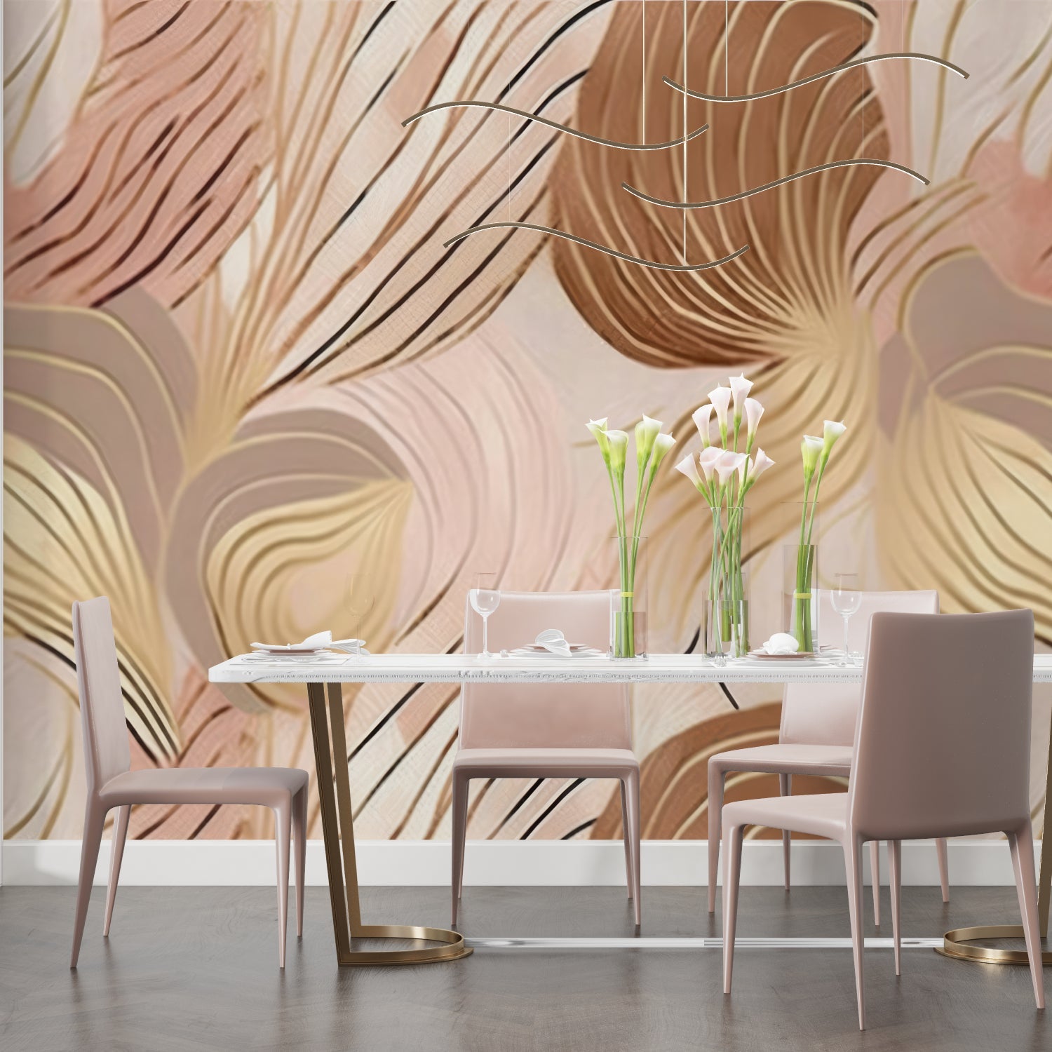 Abstract pink wallpaper in hallway, metallic gold curves creating movement