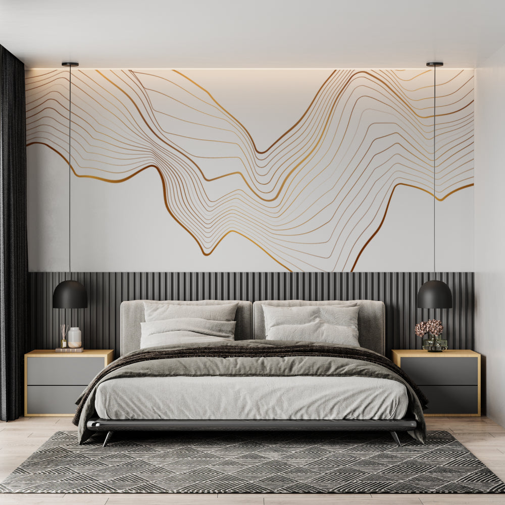 Gold wave abstract wallpaper in modern living room with grey sofa and natural light