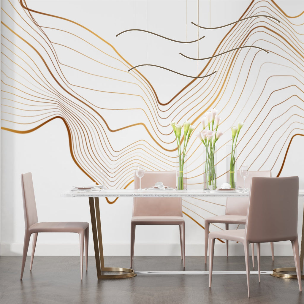 White and gold wave mural in luxury master bedroom setting