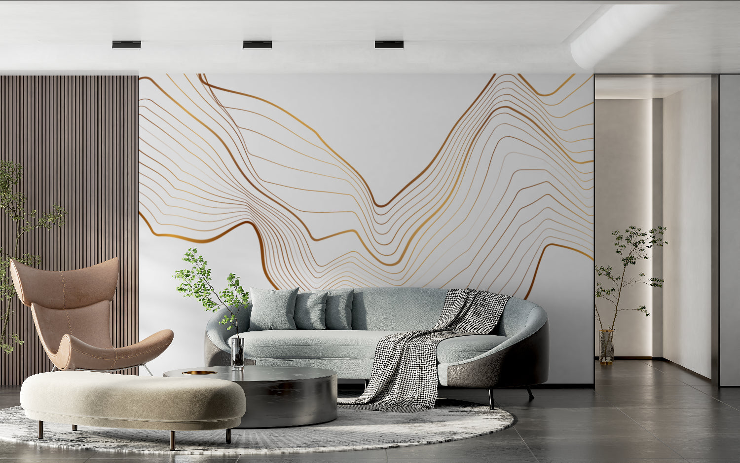 Golden wave pattern wallpaper in home office with modern furniture