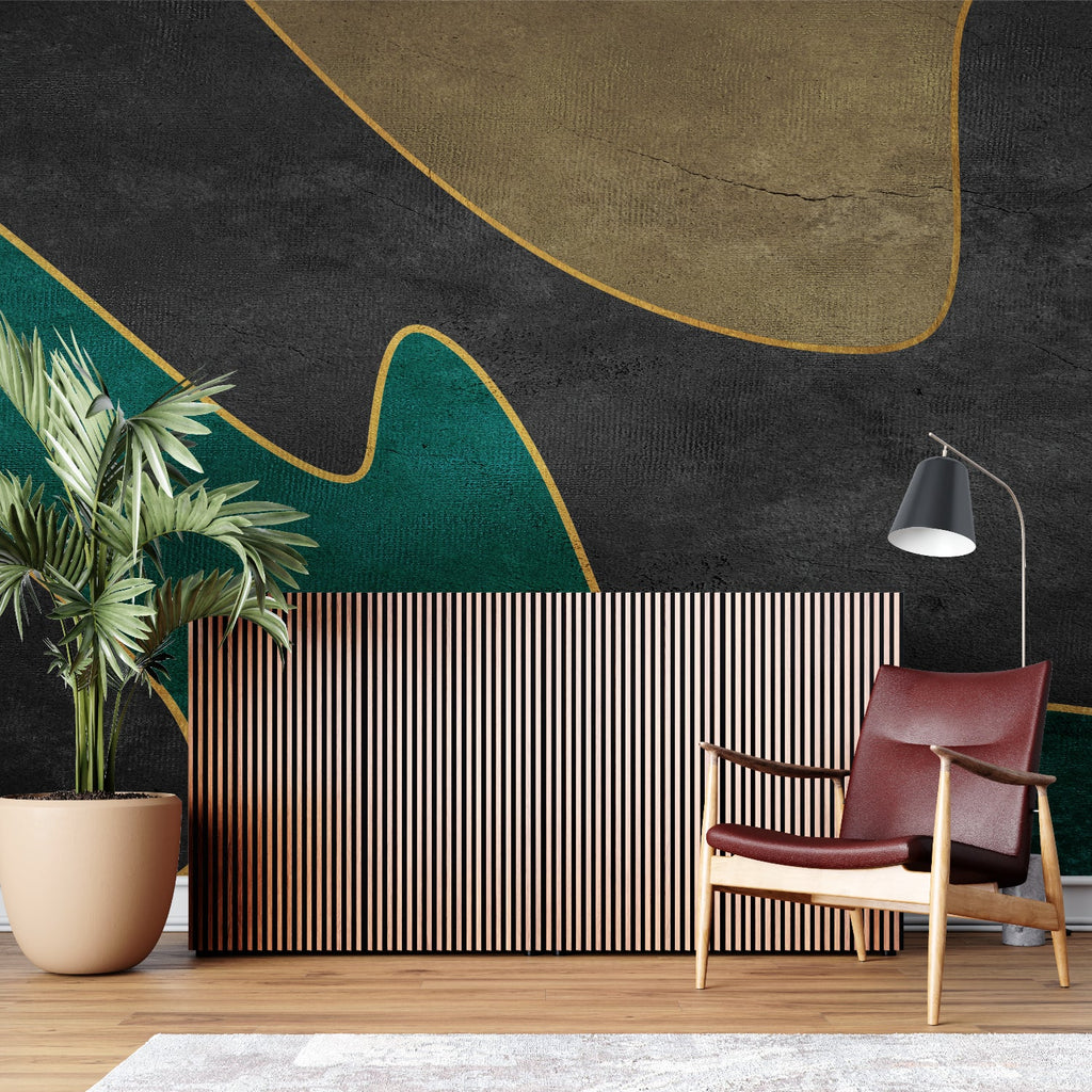 Modern green and gold geometric wallpaper in a bright living room with contemporary furniture