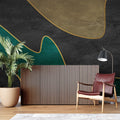 Modern green and gold geometric wallpaper in a bright living room with contemporary furniture