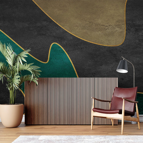 Modern green and gold geometric wallpaper in a bright living room with contemporary furniture