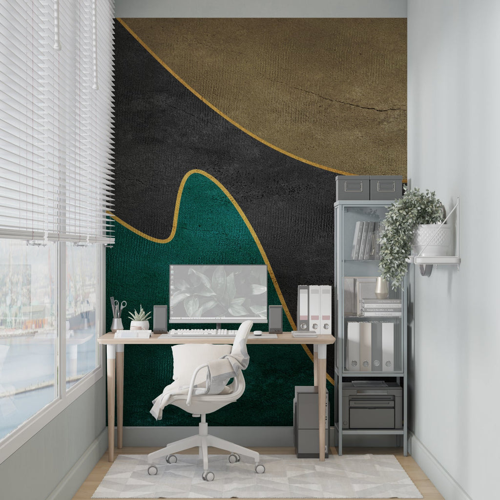 Abstract geometric wall mural showcased in a minimal dining space