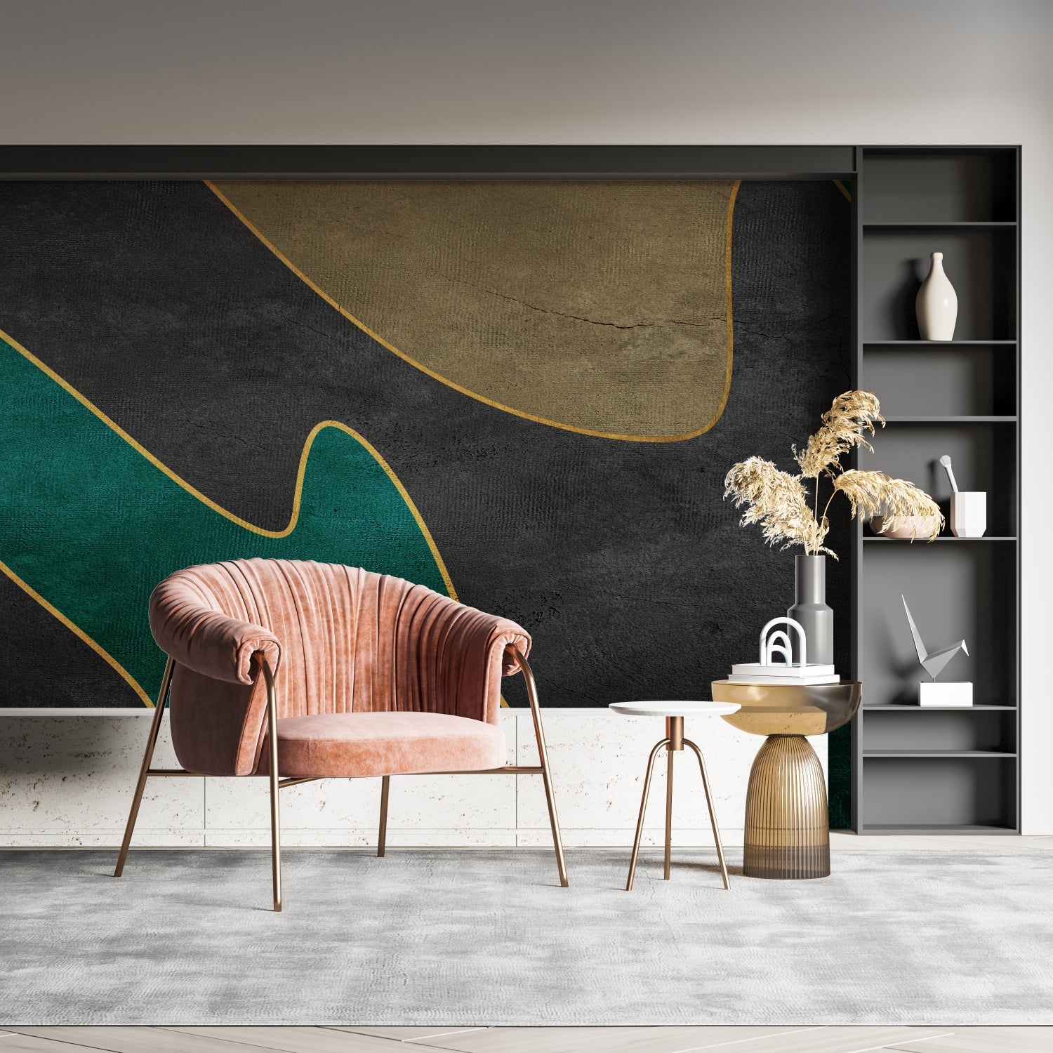 Green and gold geometric pattern creating depth in a home office