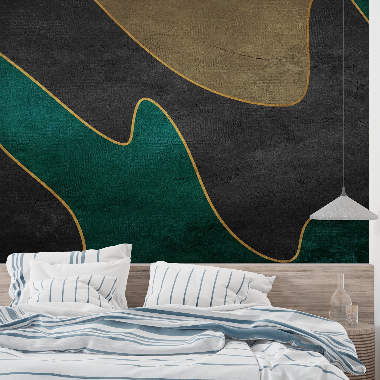 Modern abstract wallpaper adding luxury to a master bedroom