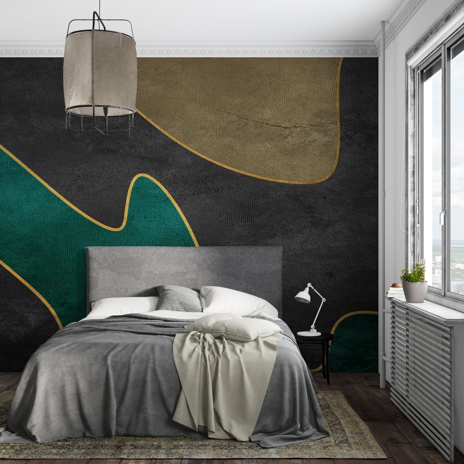 Contemporary geometric mural in an upscale hotel lobby
