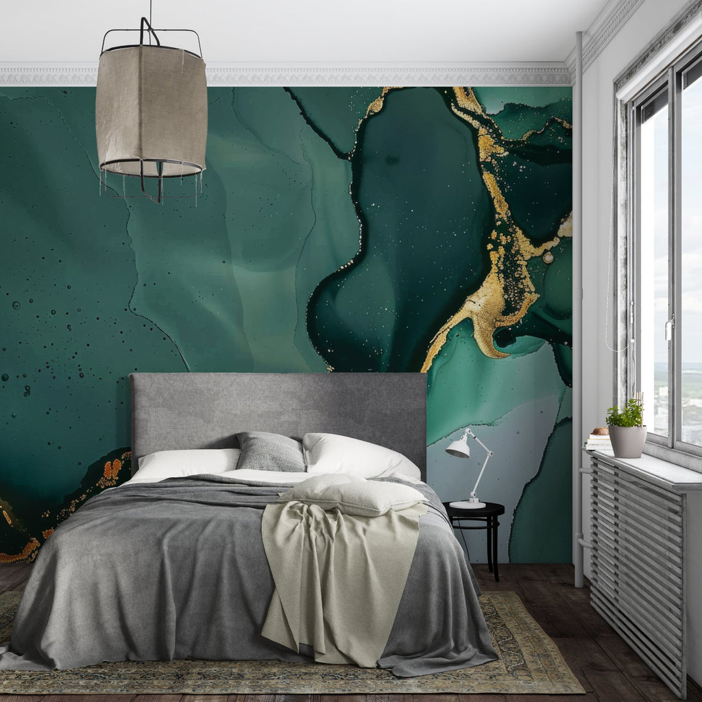 Luxury marble wallpaper creating statement wall in entrance hallway