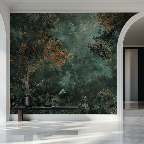 Green and gold abstract wallpaper in modern living room with natural light highlighting metallic accents