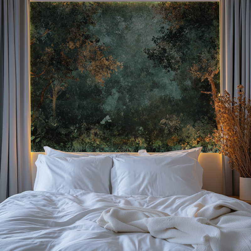 Green patina wallpaper design adding luxury to home office space