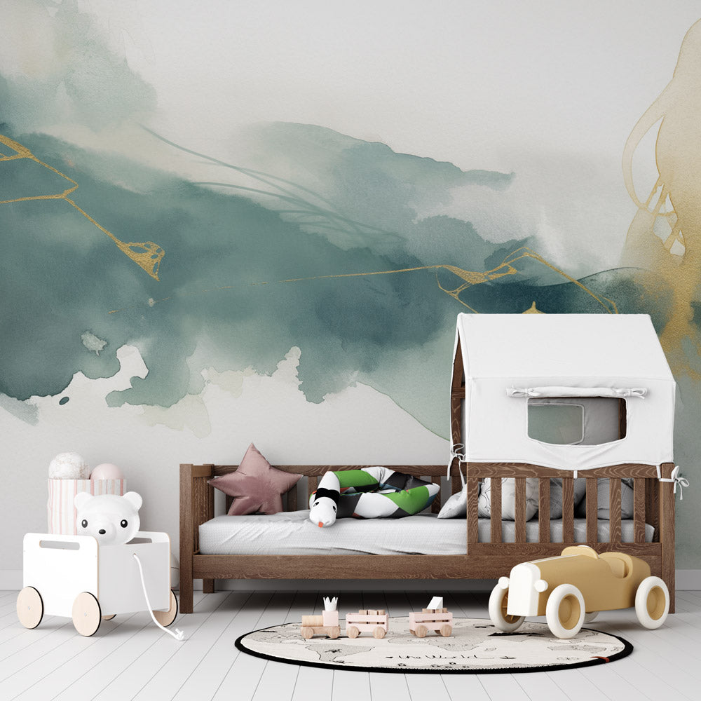 Abstract watercolor wallpaper in modern living room with green and gold tones creating a peaceful atmosphere