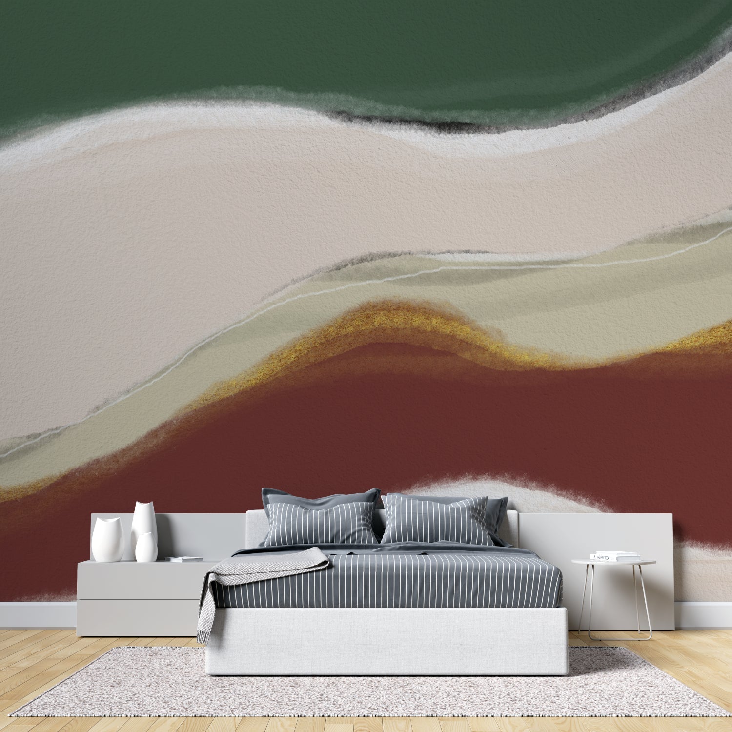 Abstract wave wallpaper in modern living room with green sofa and natural light highlighting terracotta tones