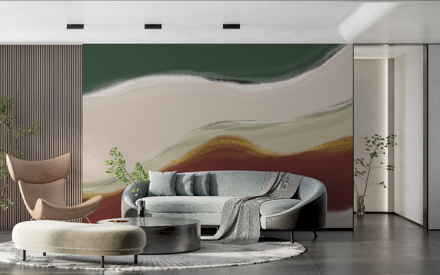 Green and terracotta abstract wall mural in minimalist dining room with wooden furniture