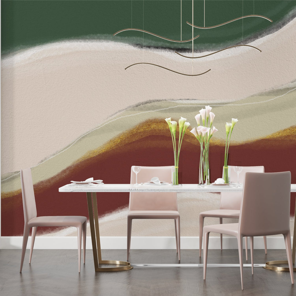Home office featuring abstract wave wallpaper with desk and plant highlighting green tones
