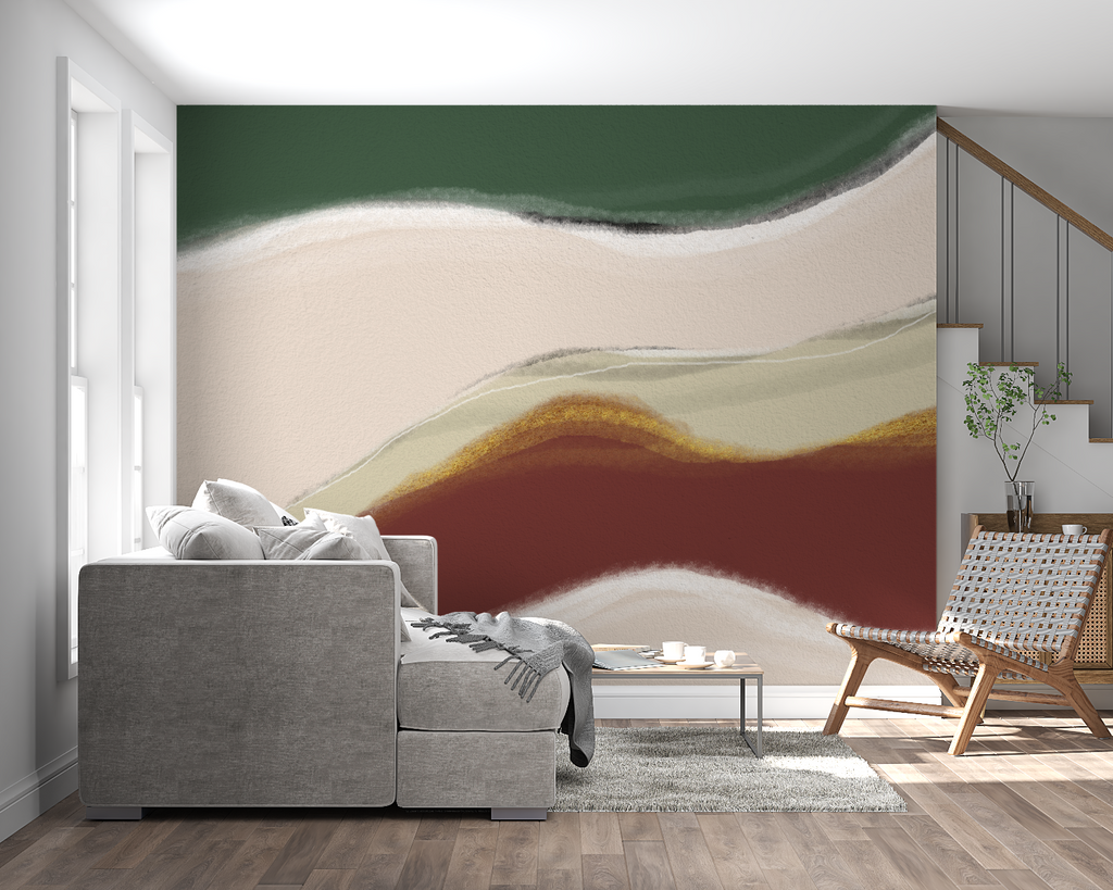 Modern hallway showcasing green and terracotta abstract wallpaper with minimal decor