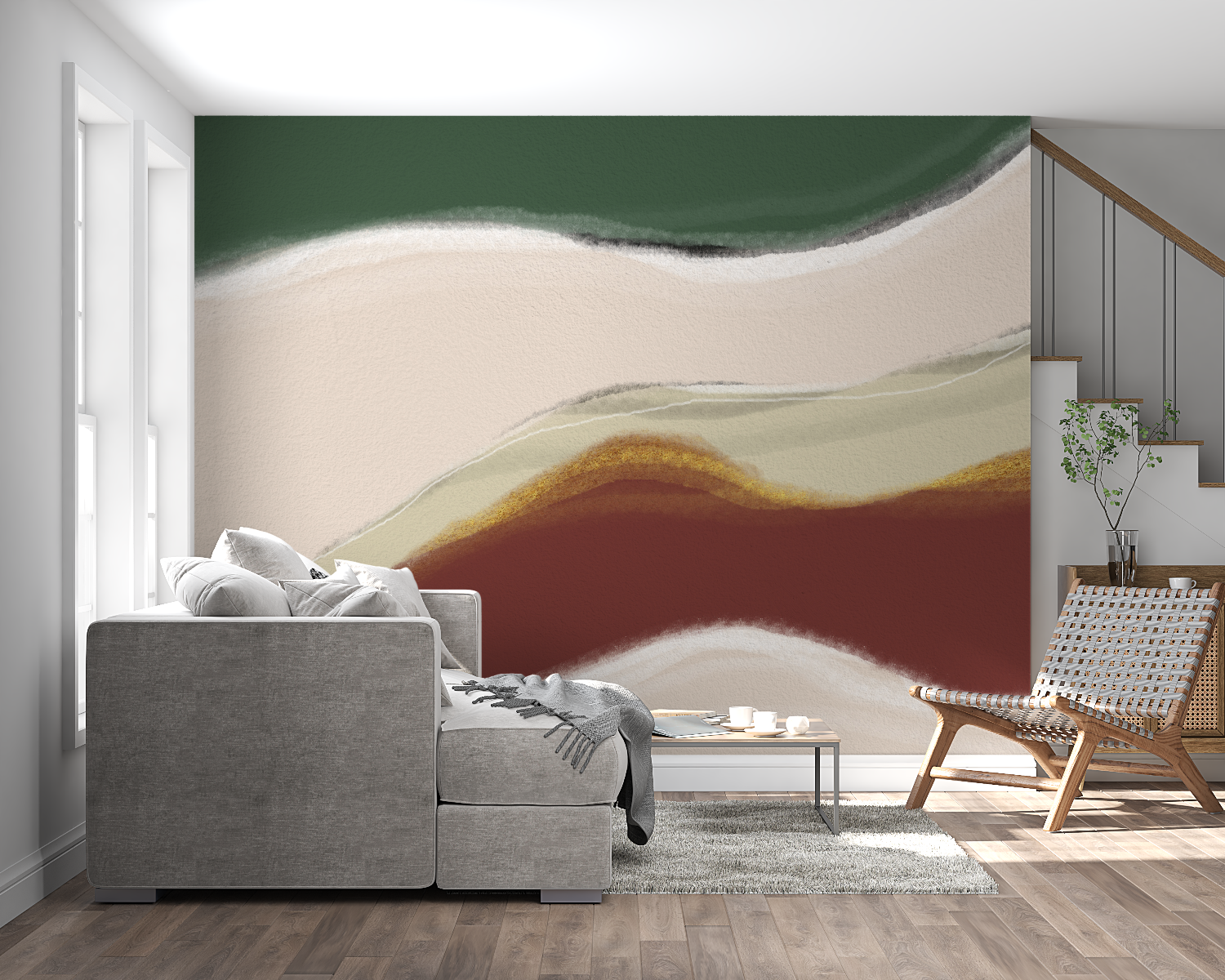 Modern hallway showcasing green and terracotta abstract wallpaper with minimal decor