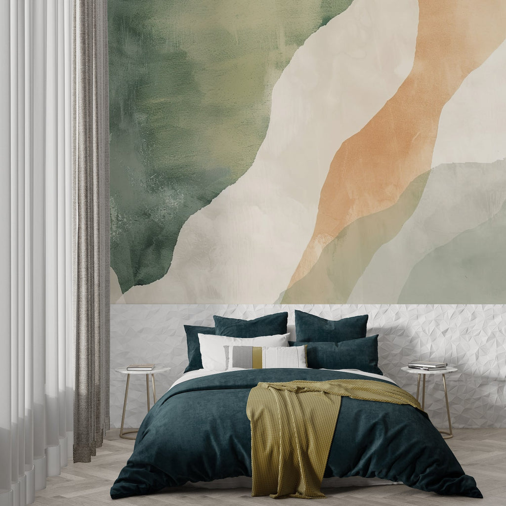 Contemporary home office featuring green and terracotta abstract wallpaper