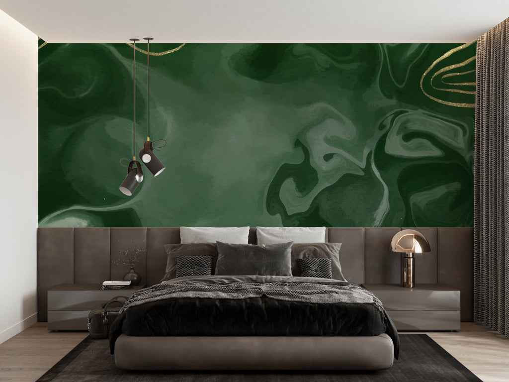 Abstract green and gold marble wallpaper in master bedroom creating luxurious atmosphere