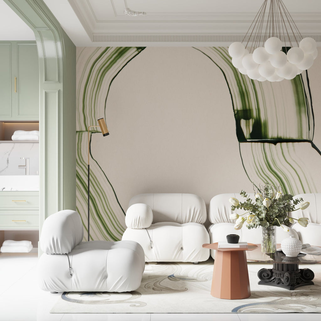 Abstract green line wallpaper creating focal point in minimalist dining room