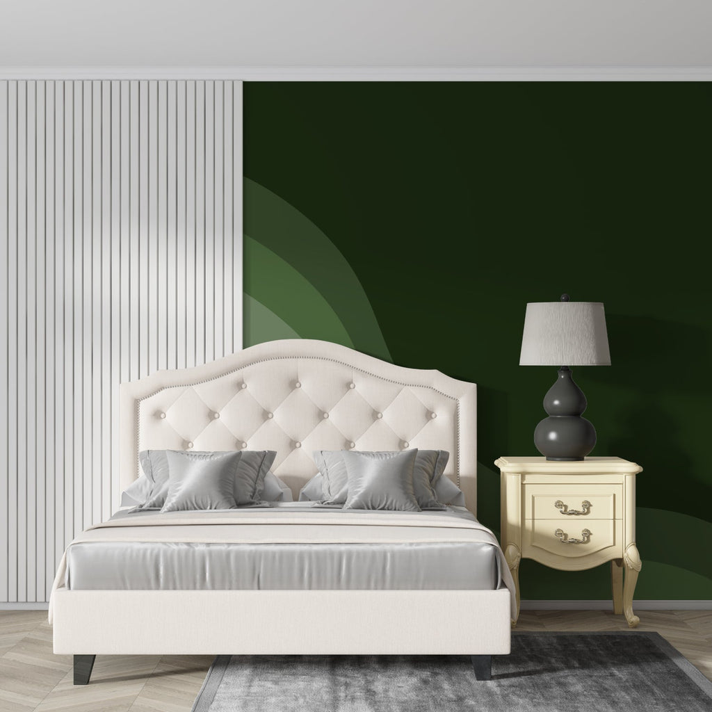 Abstract green gradient wall mural creating depth in minimal bedroom