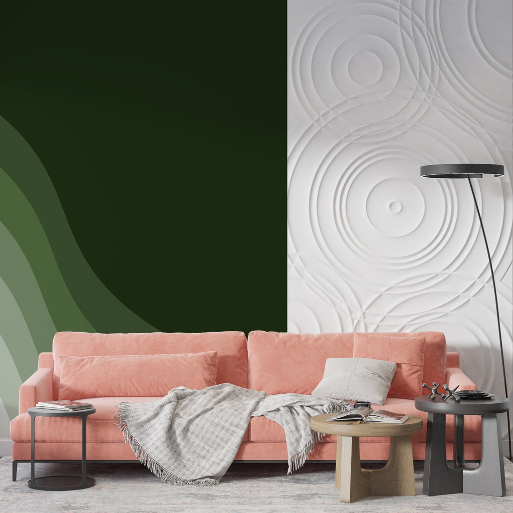 Modern abstract wave mural adding movement to dining room wall