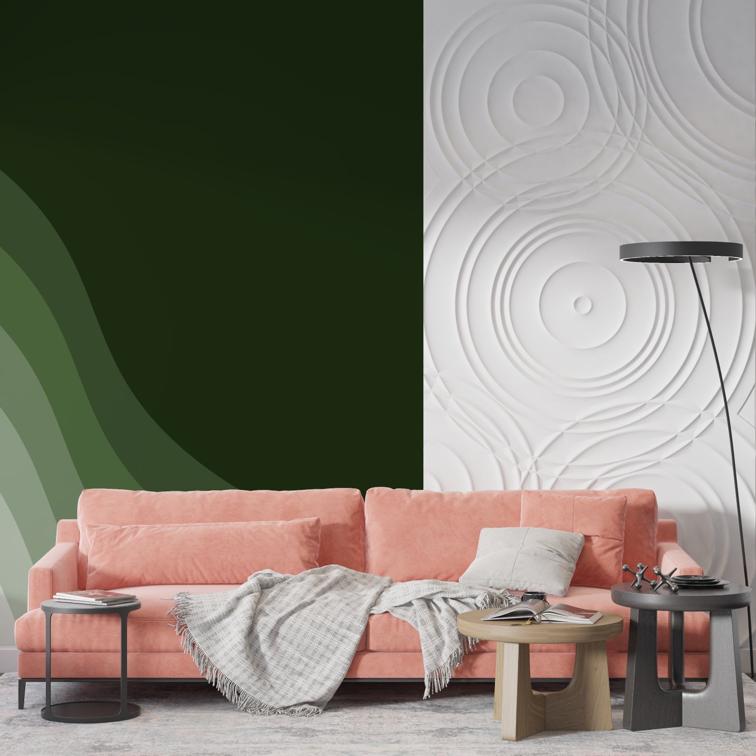 Modern abstract wave mural adding movement to dining room wall