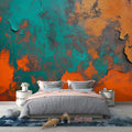 Abstract turquoise and orange wallpaper mural displayed in a modern living room, creating a bold industrial statement wall