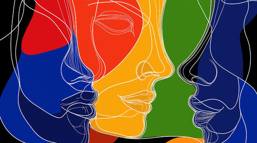 Abstract face line art wallpaper design file showing colorful geometric pattern with white contour drawings