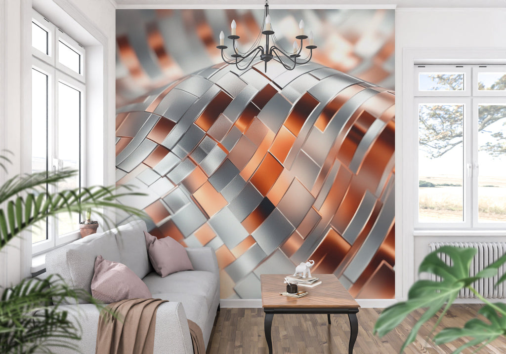 Metallic silver wave mural in contemporary dining room setting