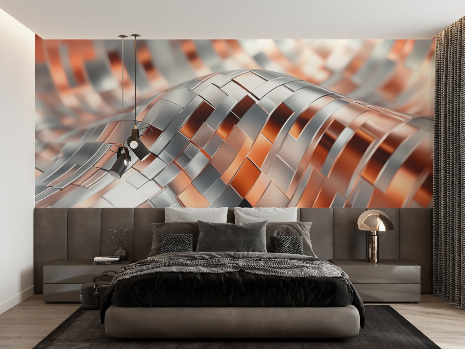 3D wave pattern wallpaper in minimalist hallway with pendant lighting