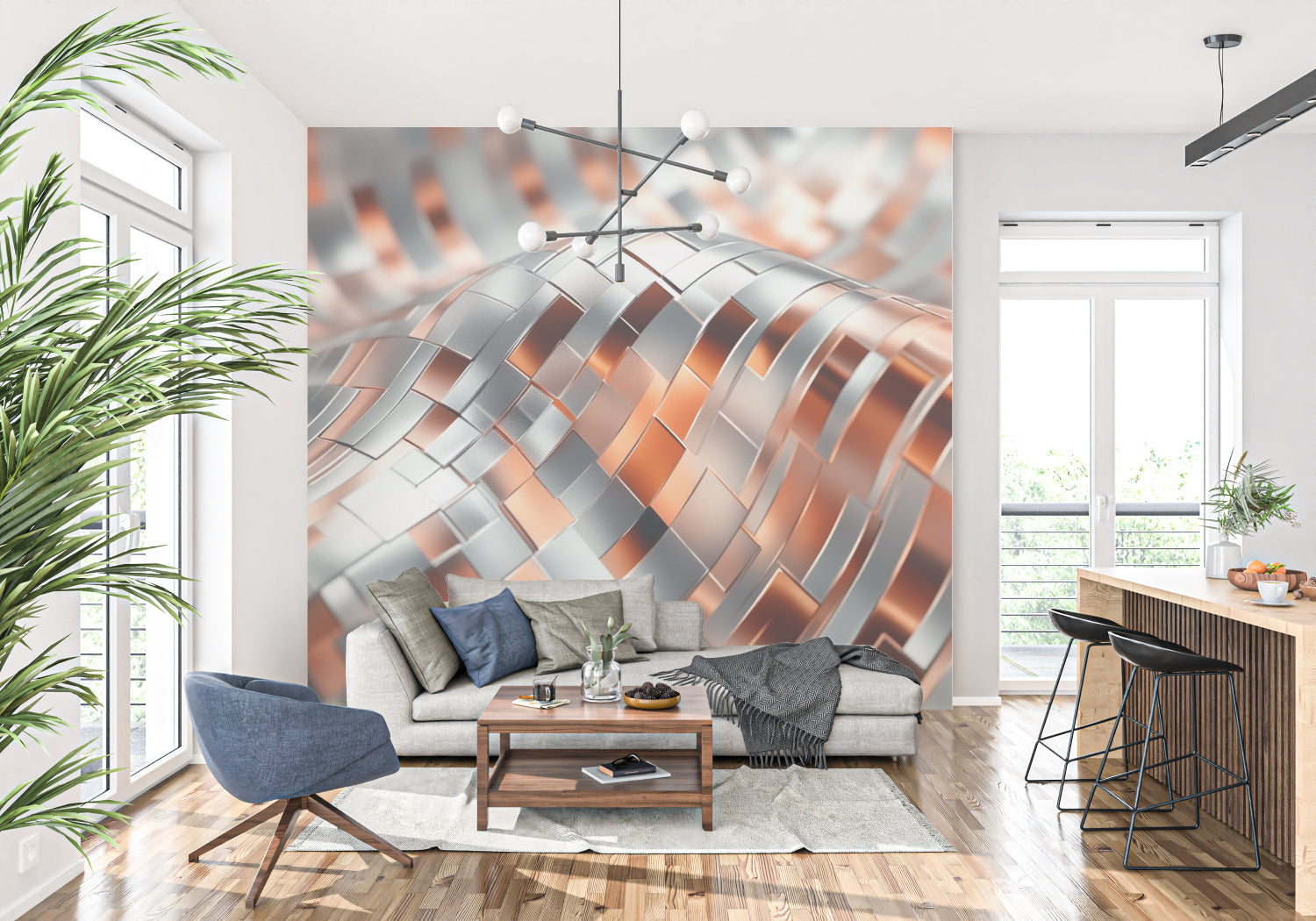 Terracotta and silver wallpaper in modern bedroom setting