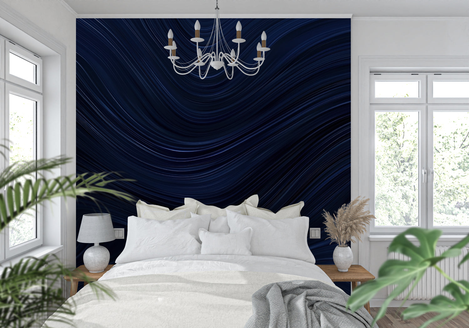 Modern blue wave wallpaper in a minimalist living room, creating a calming backdrop for grey furniture