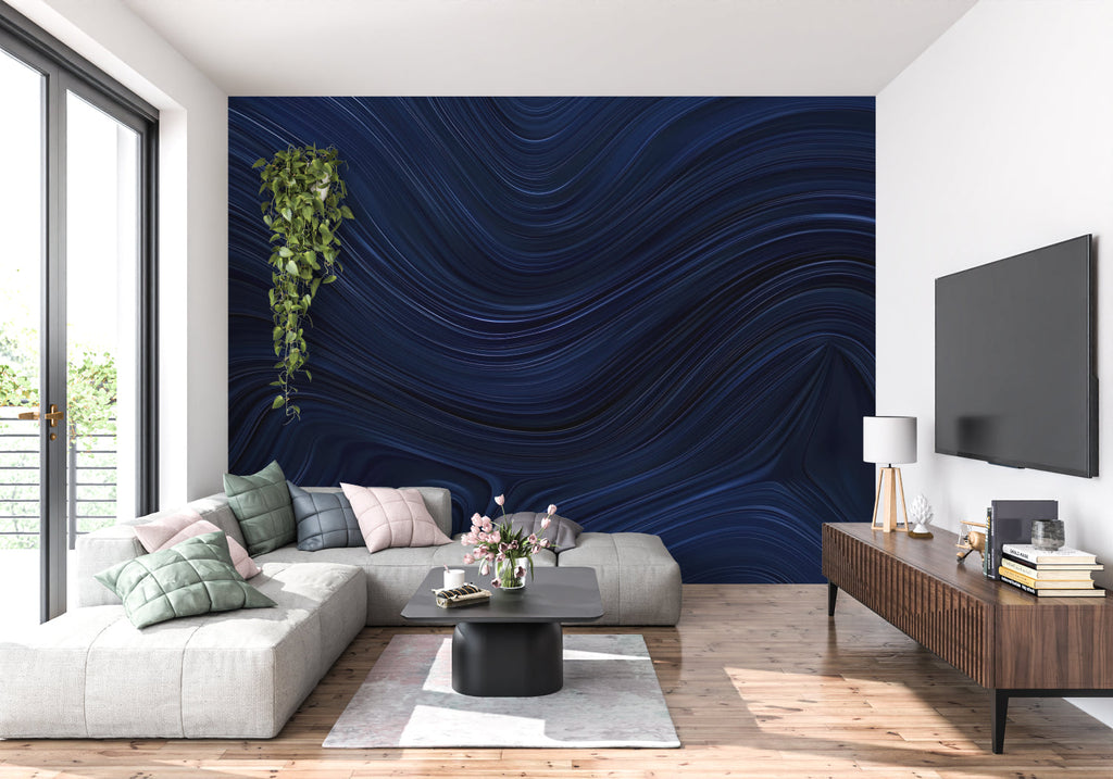 Abstract wave pattern wallpaper adding depth to a modern bedroom with natural lighting