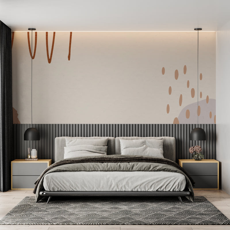 Home office space with minimalist abstract wallpaper creating calm work environment