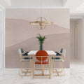Abstract wave wallpaper in modern living room, soft beige tones creating calm atmosphere