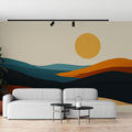Modern living room featuring Abstract Desert Sunset Wallpaper with minimalist furniture and natural lighting