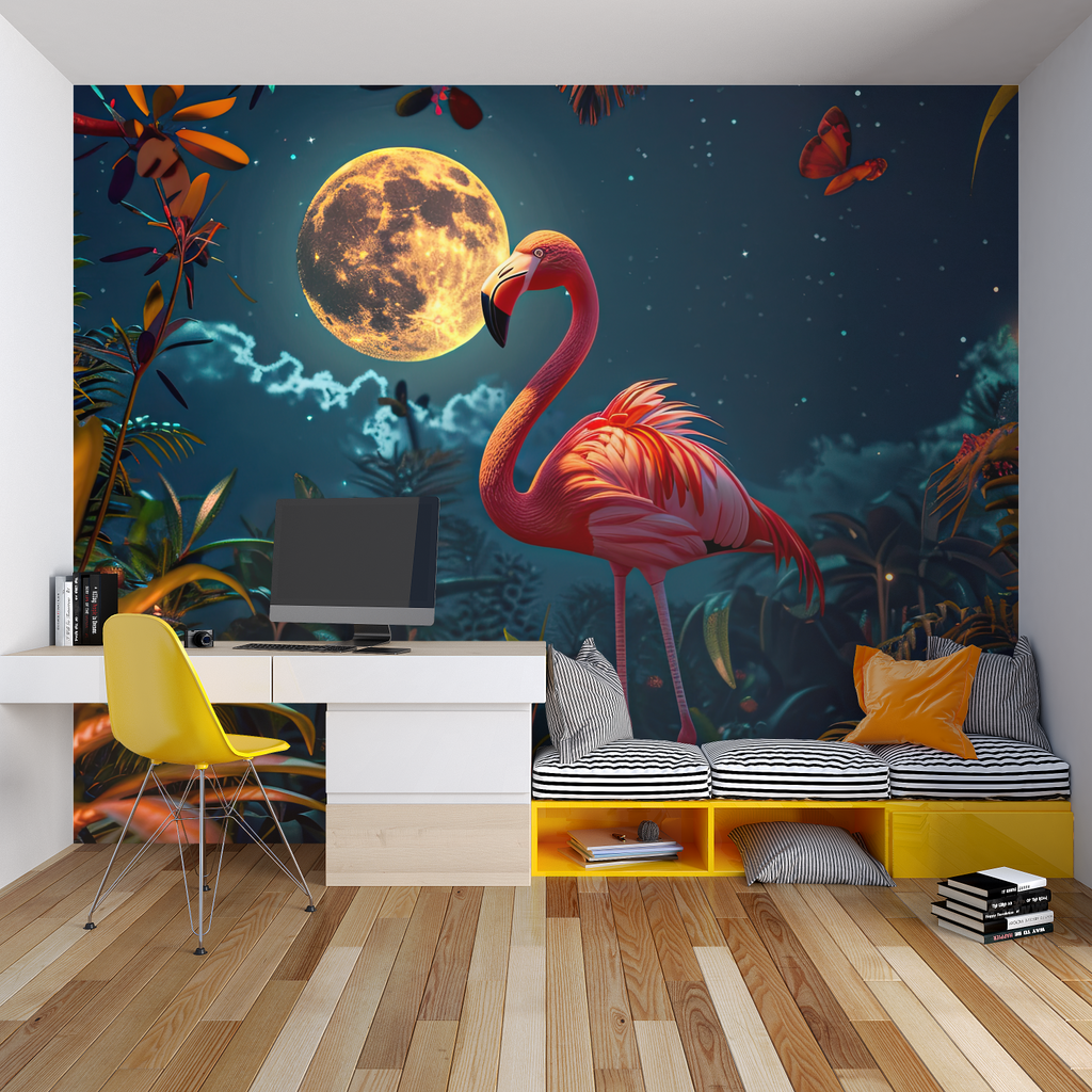 Minimalist wall mural featuring organic shapes in a contemporary home office
