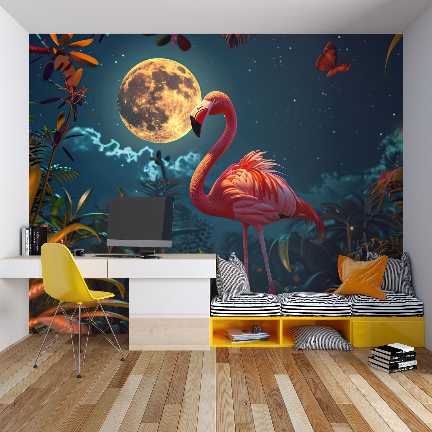 Minimalist wall mural featuring organic shapes in a contemporary home office