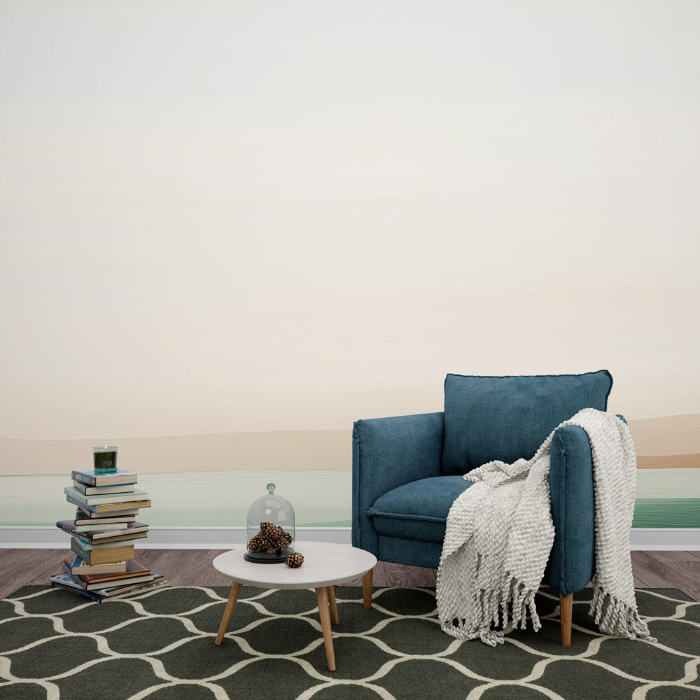 Abstract gradient wallpaper in a bright modern living room, creating a calming focal point behind a minimal sofa setup