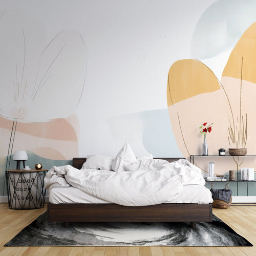 Minimalist curve wallpaper bringing soft movement to a contemporary bedroom space