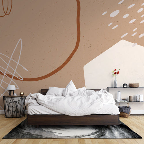 Abstract terracotta wall mural in a bright modern living room, showing curved minimalist lines against beige walls