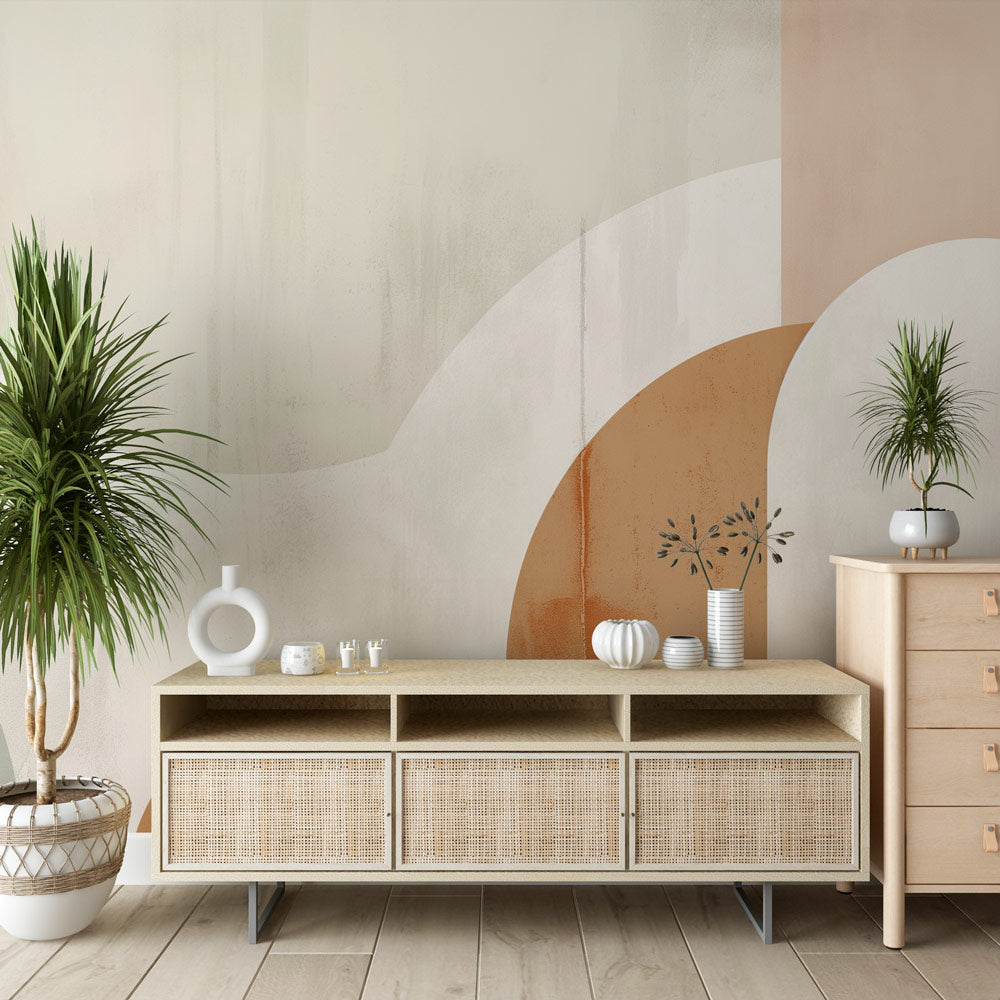 Modern abstract arch wallpaper in terracotta and white creating a cozy atmosphere in a minimalist living room
