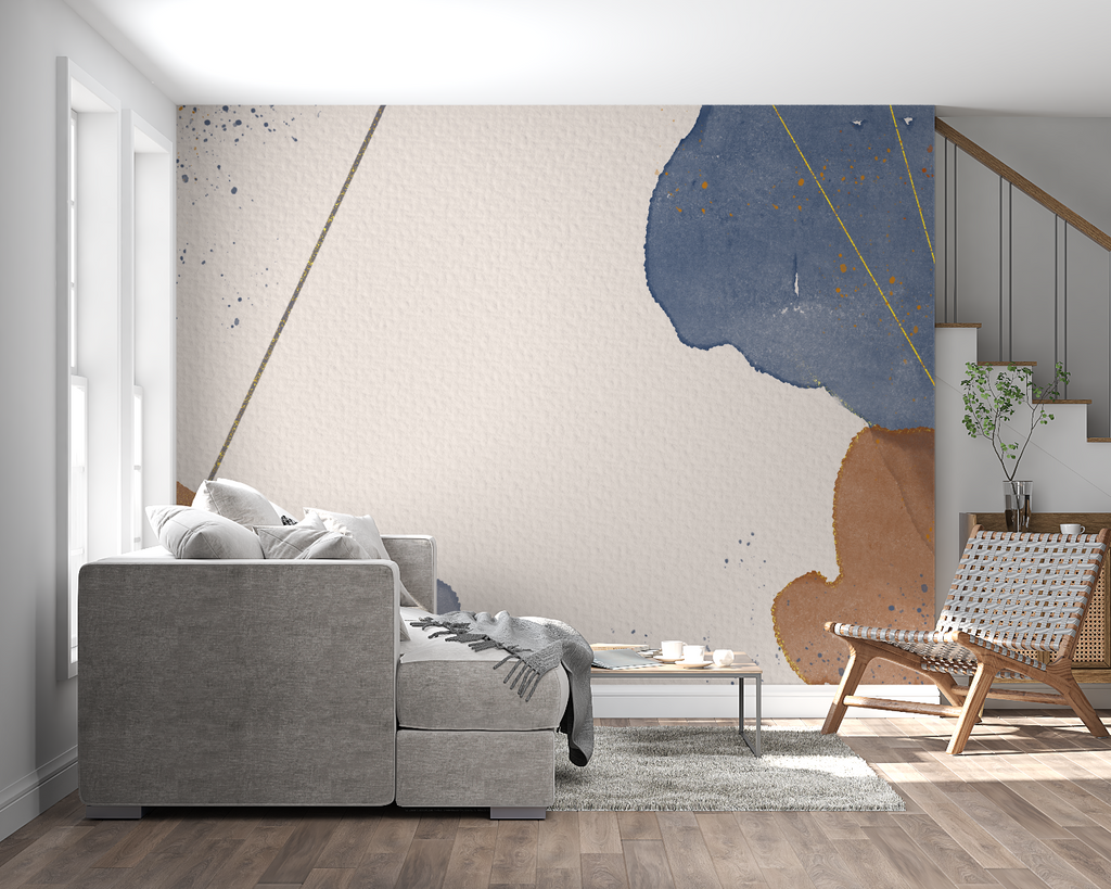 Contemporary navy and gold abstract wallpaper making a statement in master bedroom