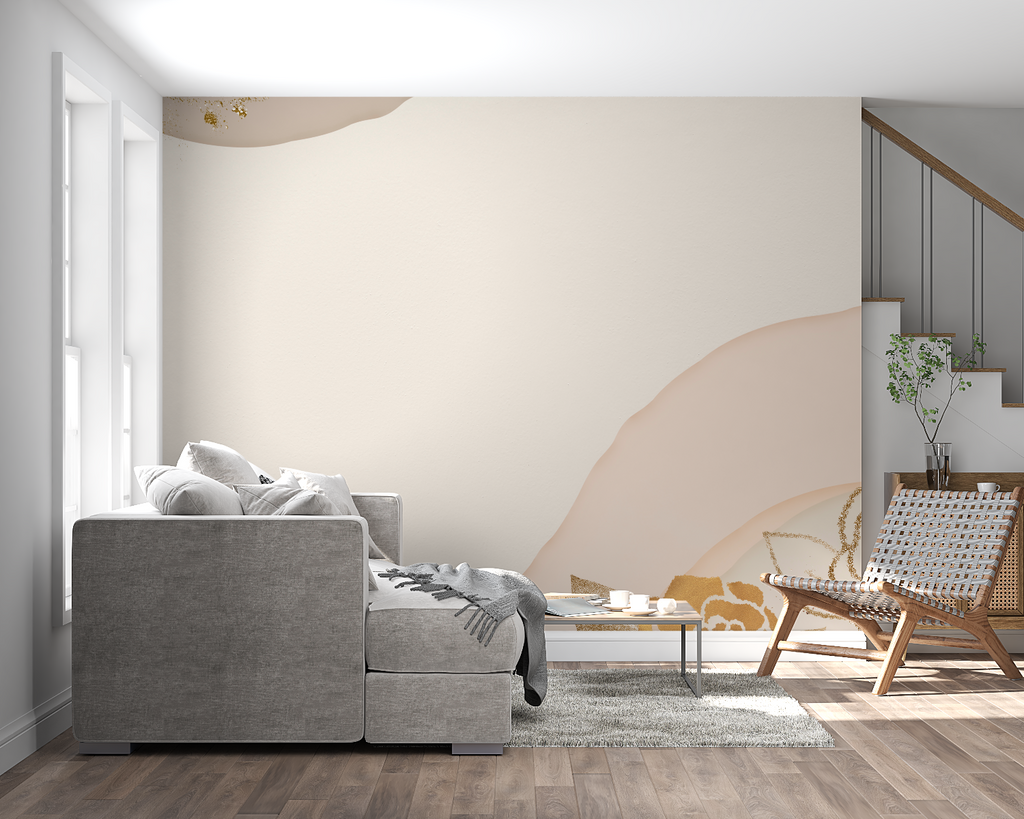 Dining area transformed by modern beige and gold abstract wall mural