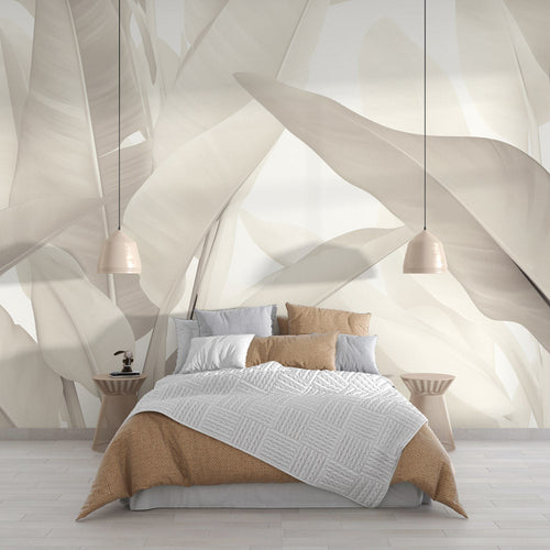 Abstract leaf wallpaper in modern living room showing beige botanical design