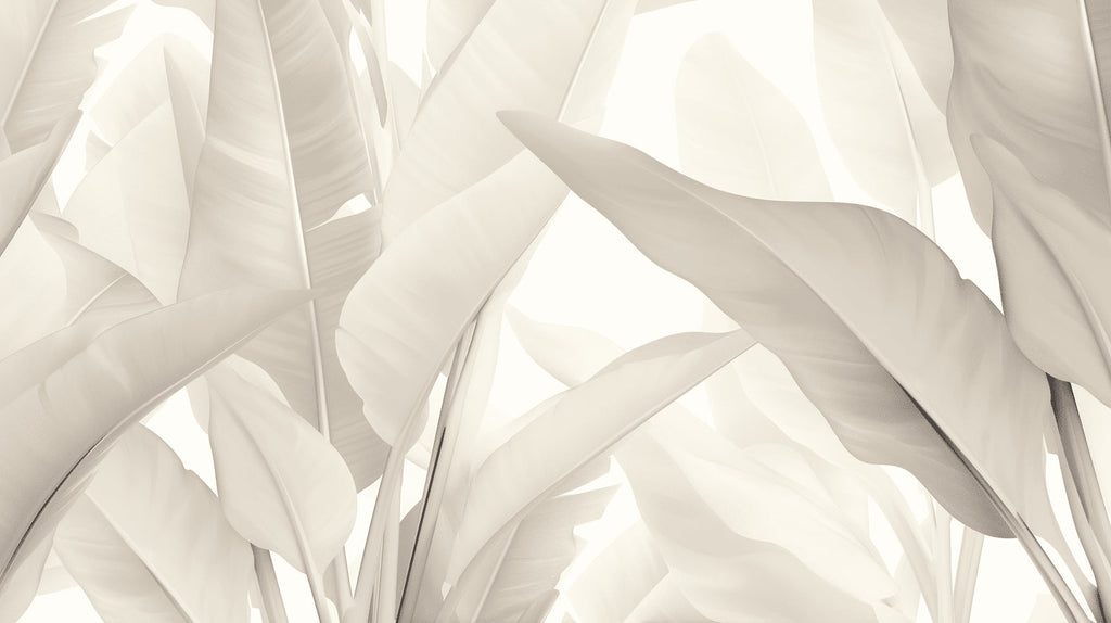 Beige abstract leaf mural in minimalist bedroom setting