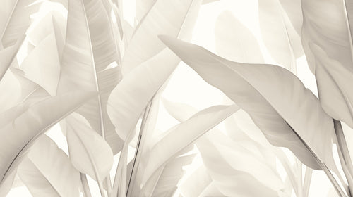Beige abstract leaf mural in minimalist bedroom setting